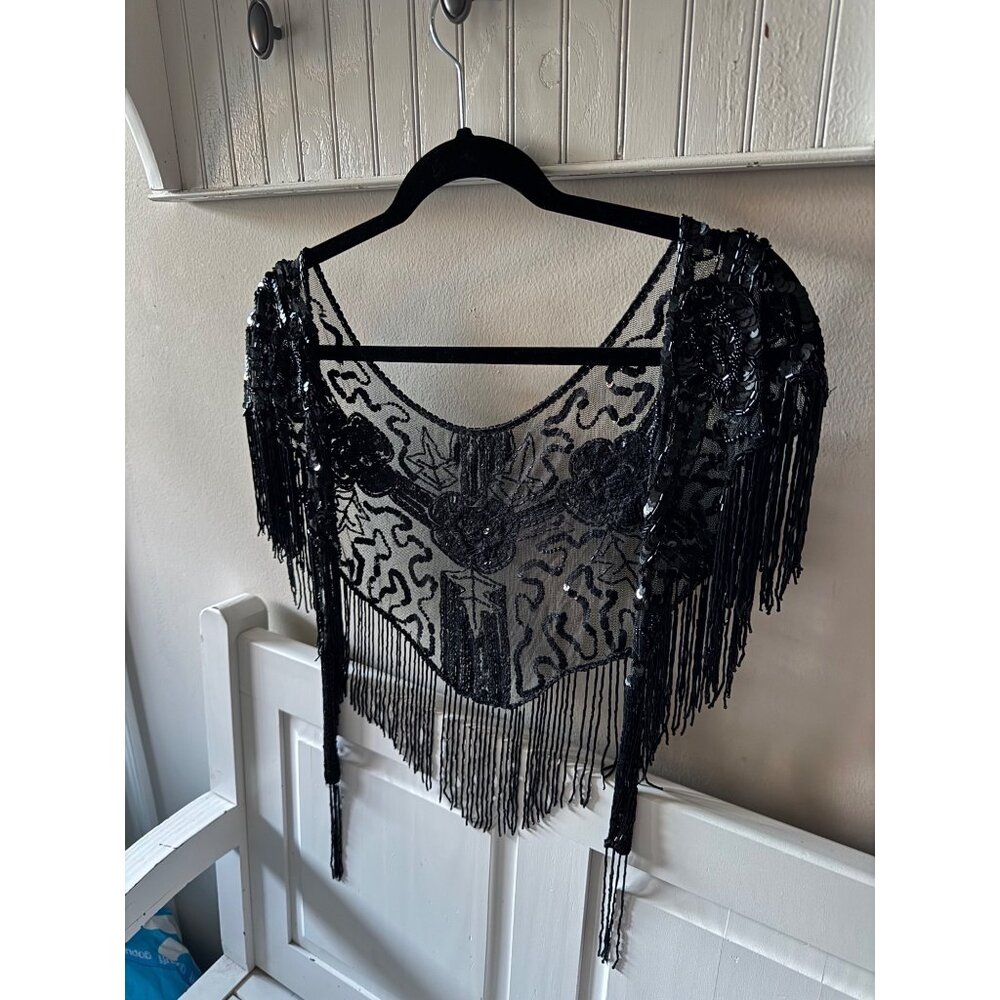Vintage Black Beaded Fringe Top | 1920s Flapper Style | Art Deco Gatsby Sheer